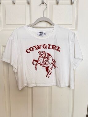 Princess Polly White Crop Tee with Red 'Cowgirl' Graphic